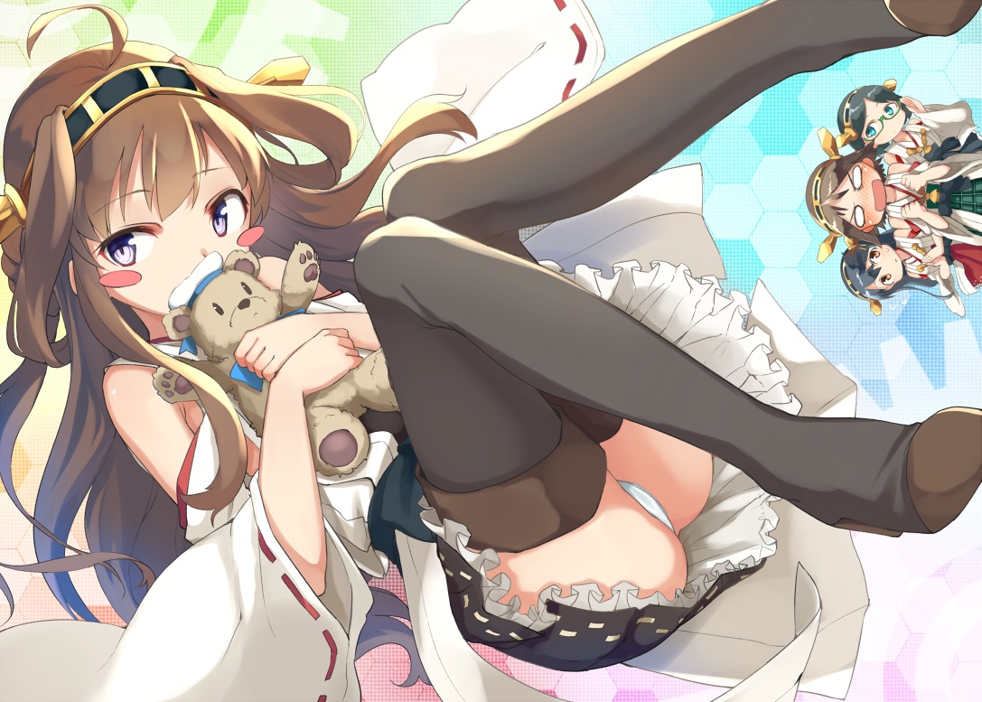 anthropomorphism, aqua_eyes, ass, black_hair, blue_eyes, blush, boots, brown_eyes, brown_hair, glasses, haruna_(kancolle), headband, hiei_(kancolle), japanese_clothes, kantai_collection, kimono, kirishima_(kancolle), kongou_(kancolle), long_hair, panties, short_hair, skirt, teddy_bear, thighhighs, u_(mikaduki0720), underwear
