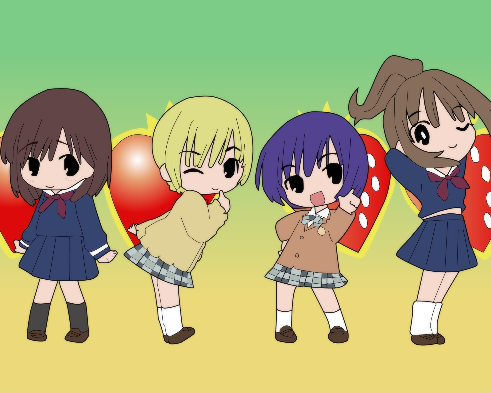 blonde_hair, blue_hair, brown_hair, chibi, ichigo_100, kitaooji_satsuki, long_hair, minamito_yui