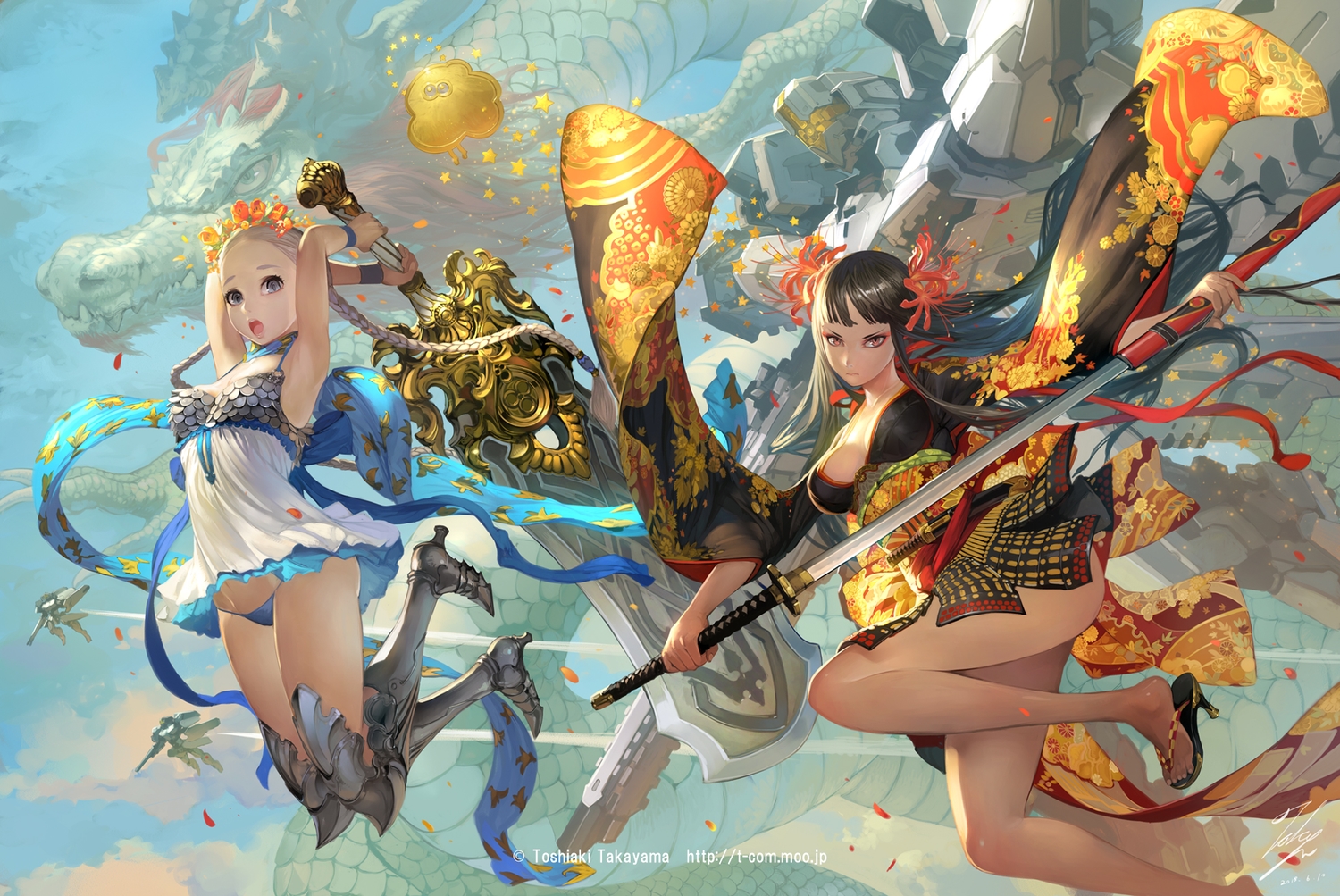 2girls, armor, black_hair, boots, braids, dragon, flowers, gray_eyes, japanese_clothes, katana, long_hair, mecha, original, panties, red_eyes, signed, sword, takayama_toshiaki, twintails, underwear, watermark, weapon, white_hair