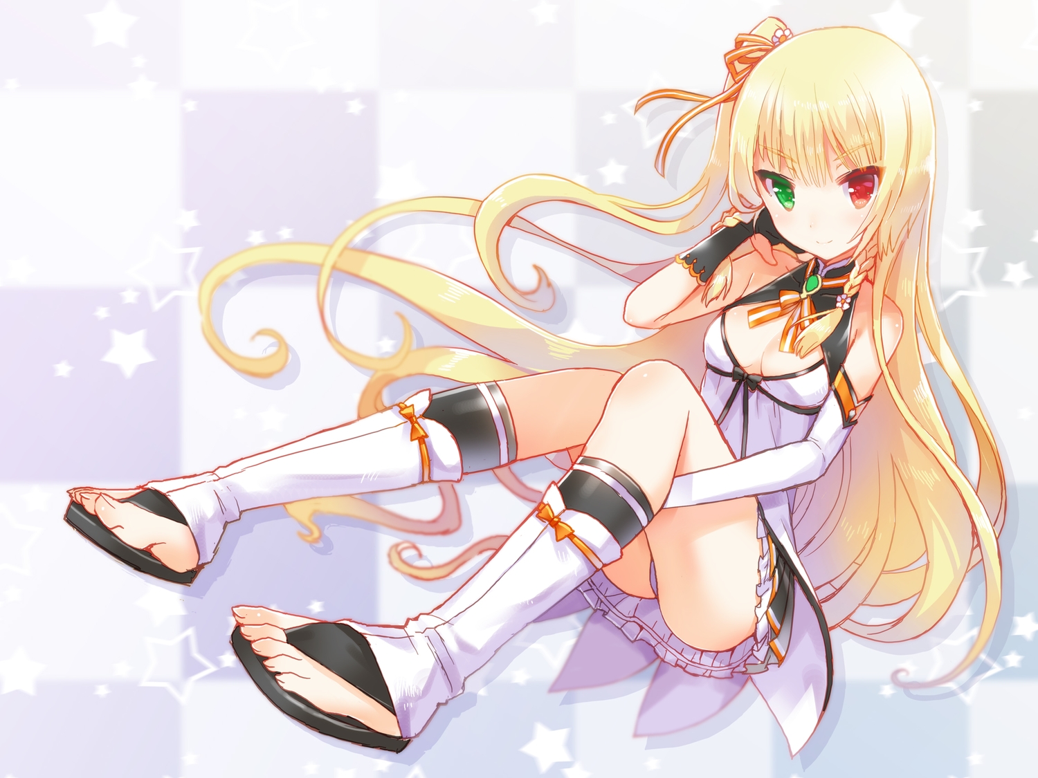 bicolored_eyes, blonde_hair, bow, braids, breasts, cleavage, dress, elbow_gloves, gloves, kaworu, long_hair, original, panties, ponytail, ribbons, underwear