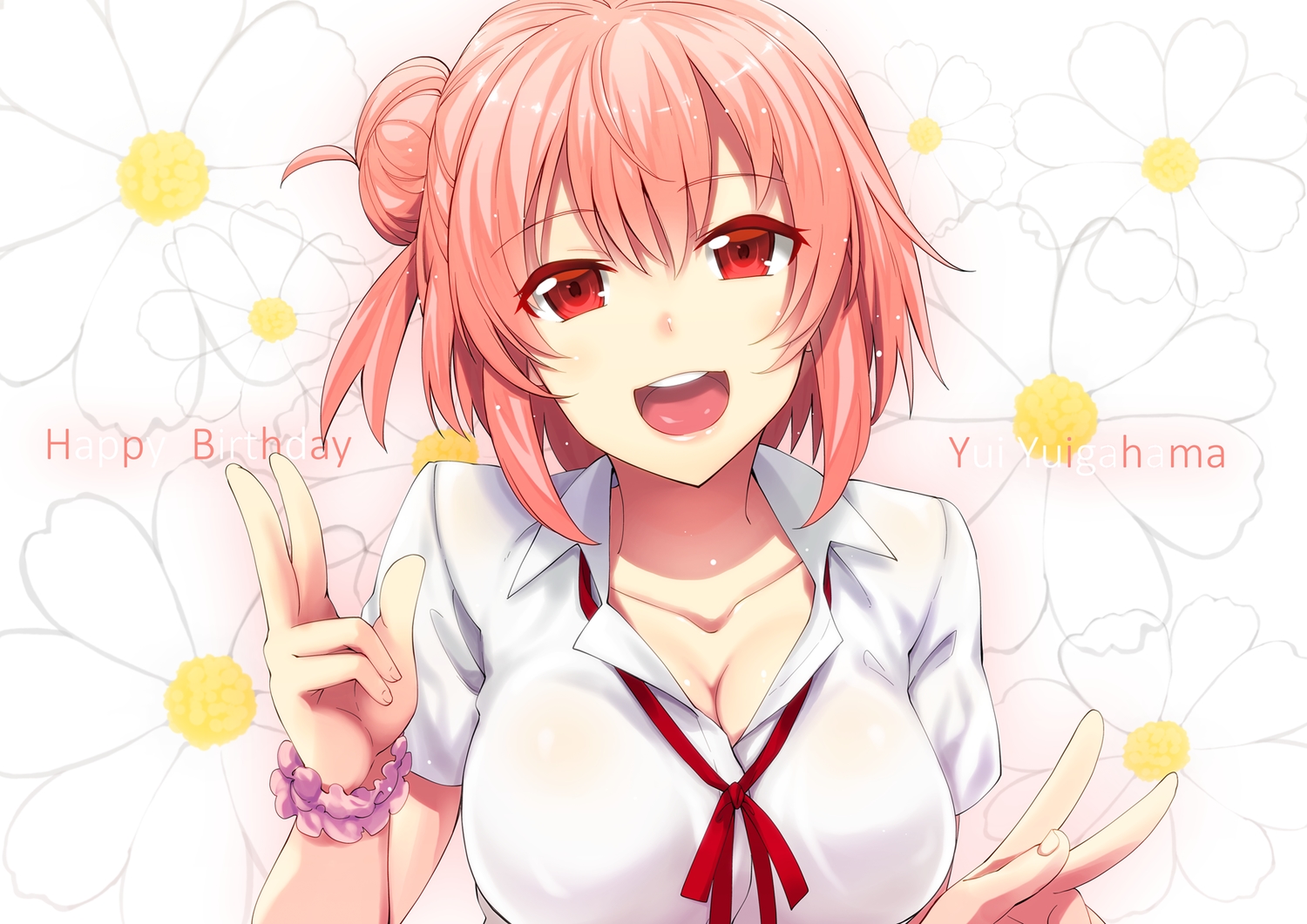 akino_sora, breasts, cleavage, flowers, pink_hair, red_eyes, school_uniform, wristwear, yahari_ore_no_seishun_love_come_wa_machigatteiru., yuigahama_yui