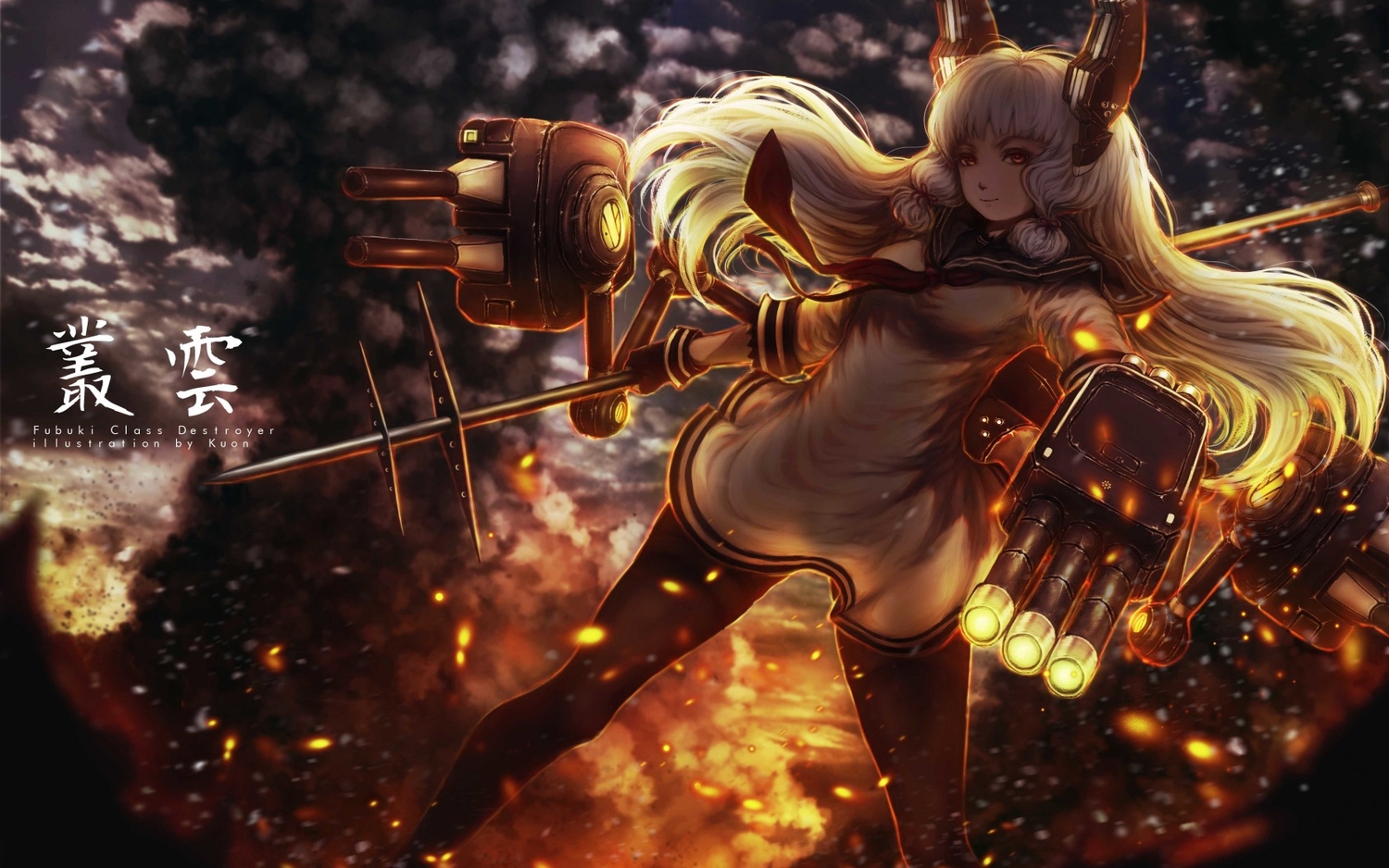 anthropomorphism, gloves, gray_hair, kantai_collection, kuon_(kwonchanji), long_hair, murakumo_(kancolle), pantyhose, weapon