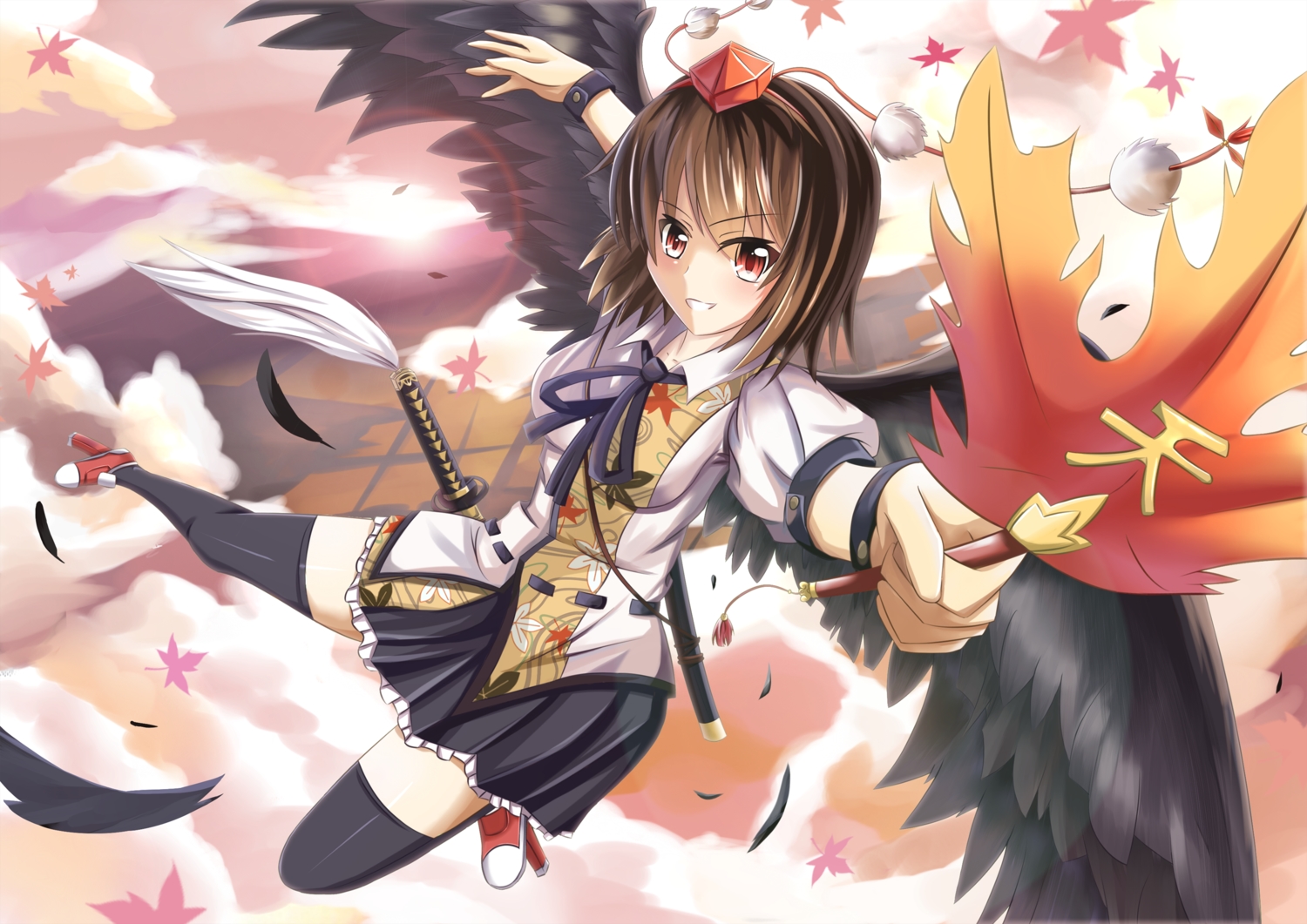 brown_hair, clouds, hat, katana, leaves, nugi_(armenci), orange_eyes, shameimaru_aya
