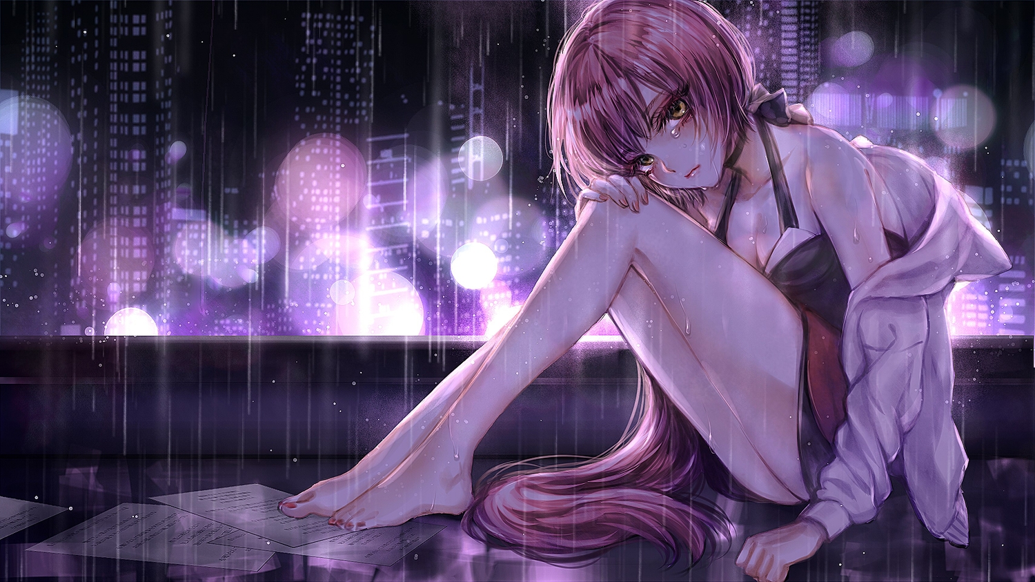 barefoot, breasts, brown_eyes, building, city, cleavage, dress, hood, long_hair, nekomura_iroha, night, ohagi_(ymnky), paper, pink_hair, rain, tears, vocaloid, water, wet