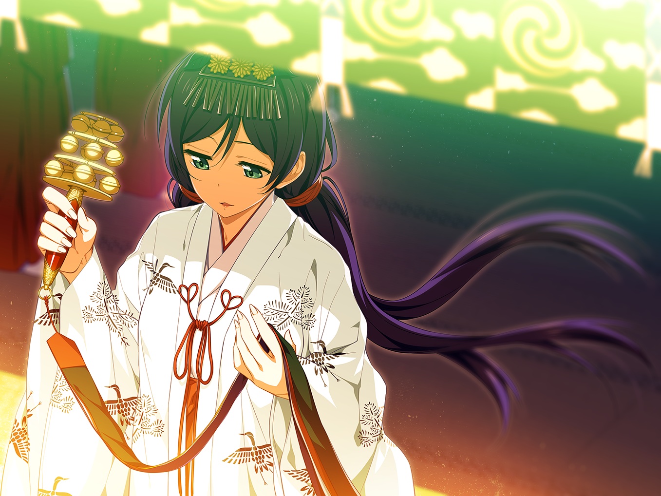 2c=galore, aqua_eyes, headdress, japanese_clothes, long_hair, love_live!_school_idol_project, miko, purple_hair