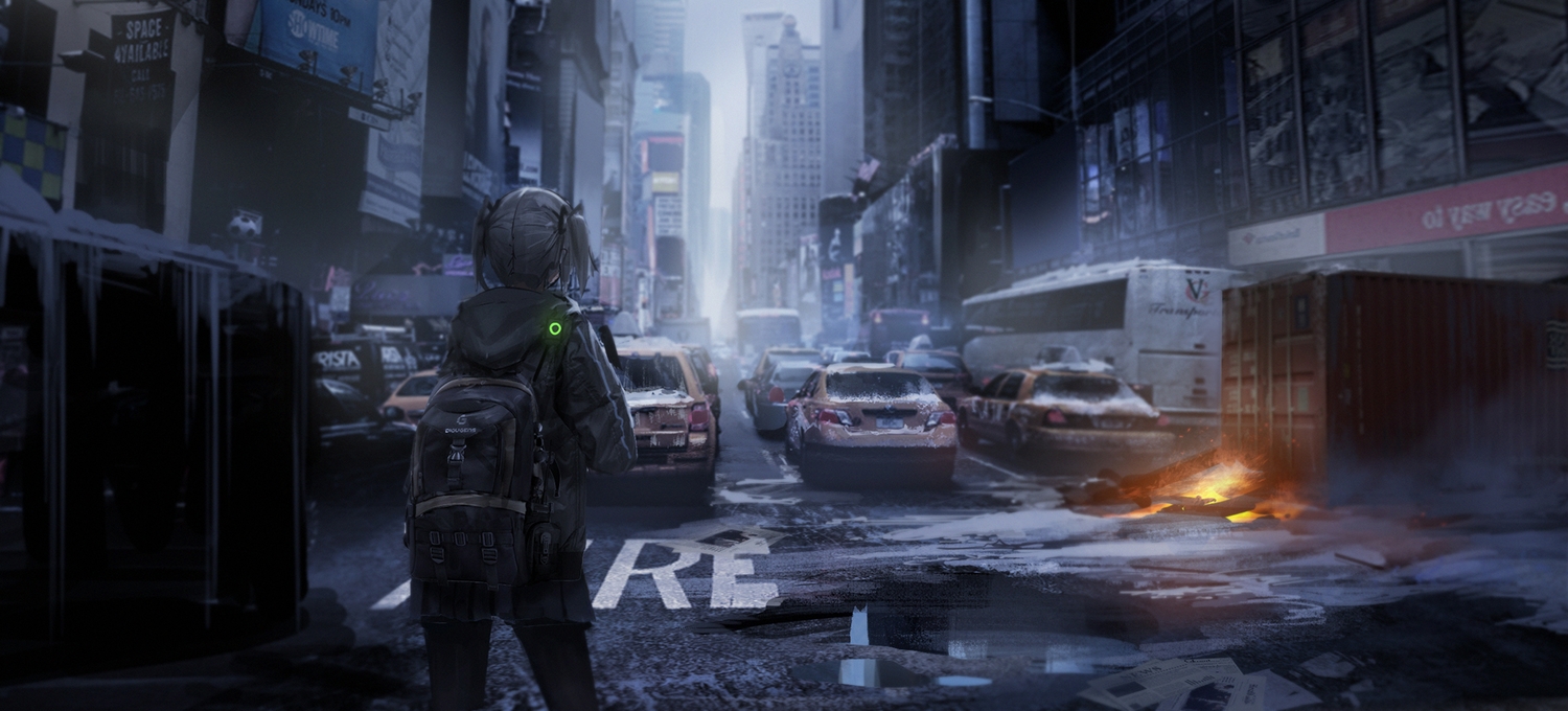 blonde_hair, building, car, city, gray_hair, hood, original, pantyhose, photo, polychromatic, renatus-z, scenic, short_hair, skirt, tom_clancy's_the_division, twintails, winter