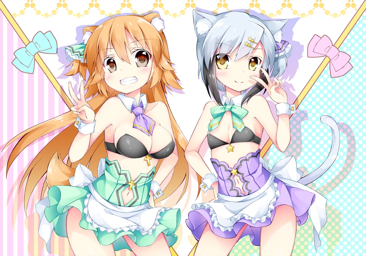 2girls, animal, animal_ears, bow, breasts, catgirl, cleavage, doggirl