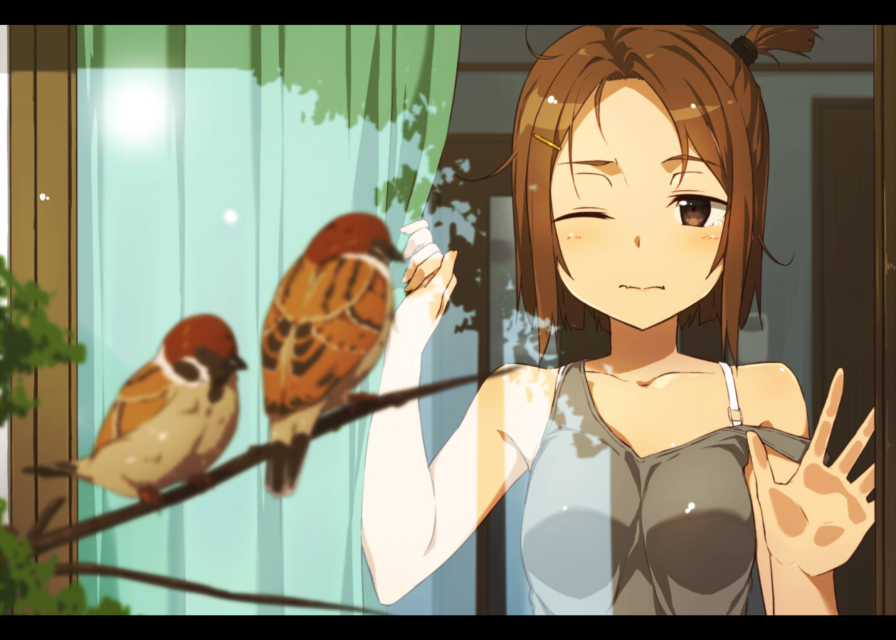 animal, bird, brown_eyes, brown_hair, kinta_(distortion), original, short_hair, wink
