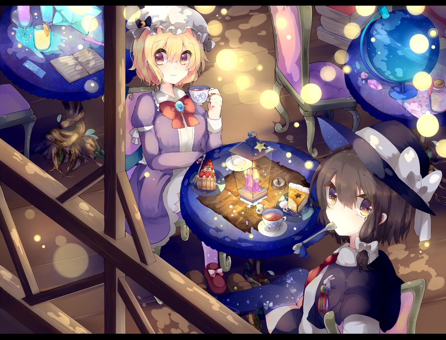 2girls, blonde_hair, brown_eyes, brown_hair, cake, dress, drink, food