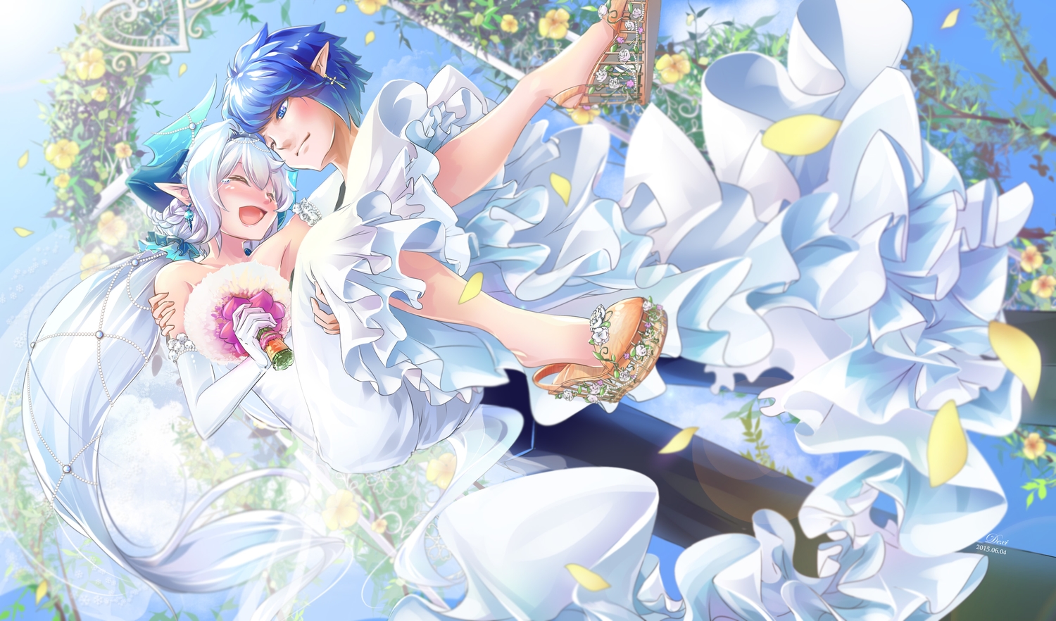 blue_hair, ciel_(elsword), elbow_gloves, elsword, flowers, gloves, long_hair, lu_(elsword)