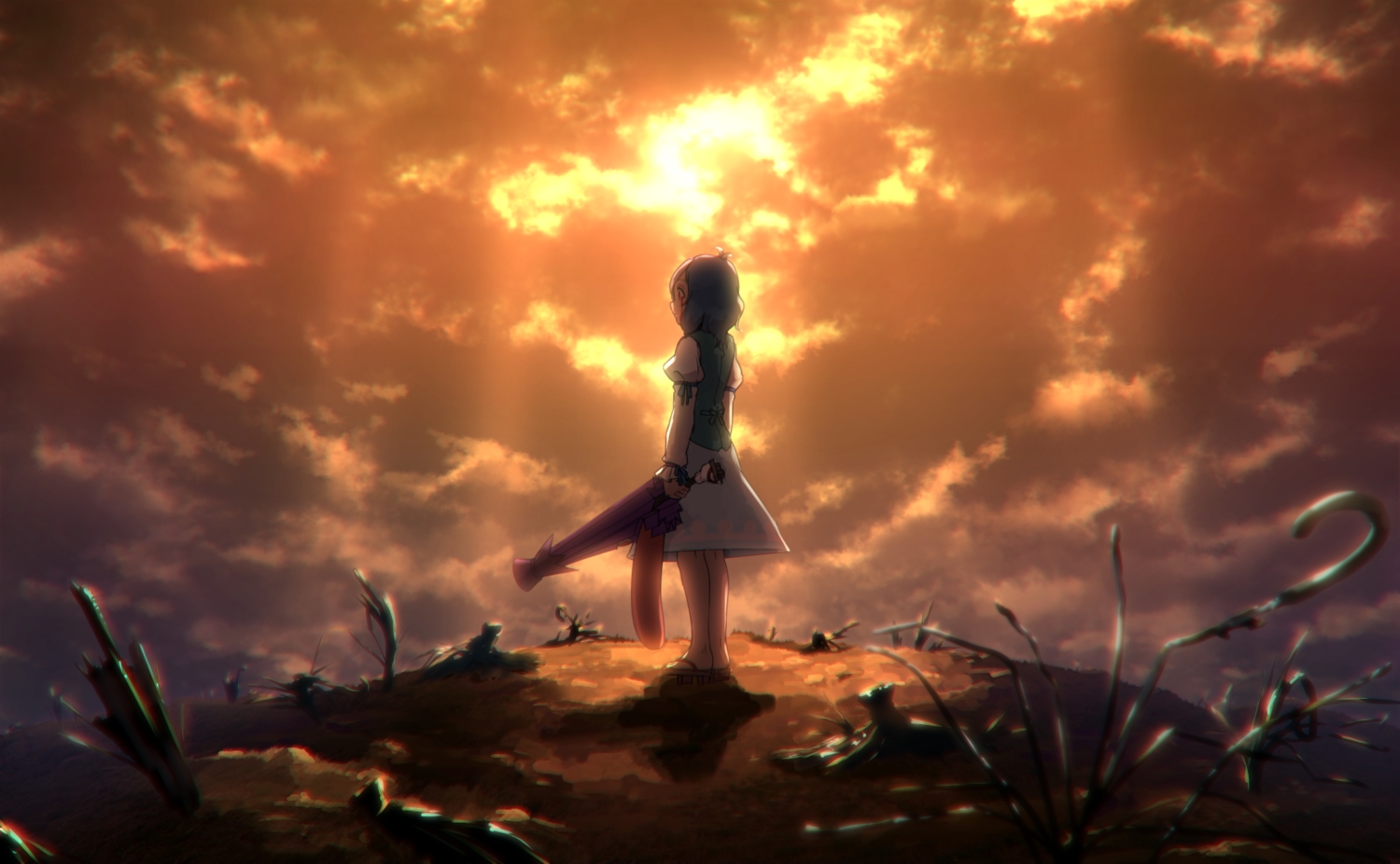 blue_hair, clouds, dark, dress, kitano_(kitanosnowwhite), ruins, tatara_kogasa, touhou, umbrella