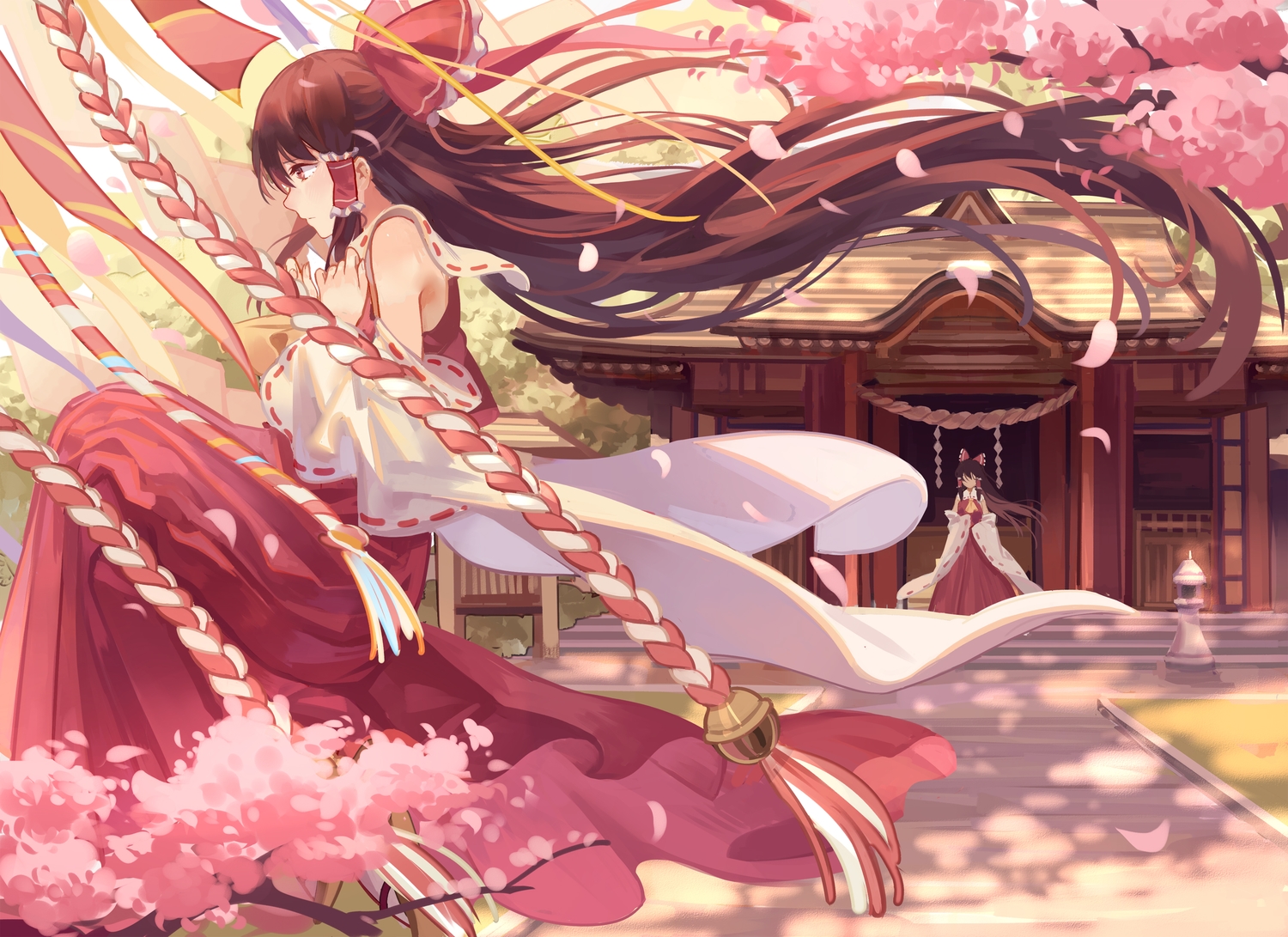 bow, brown_hair, cherry_blossoms, flowers, hakurei_reimu, japanese_clothes, long_hair, miko