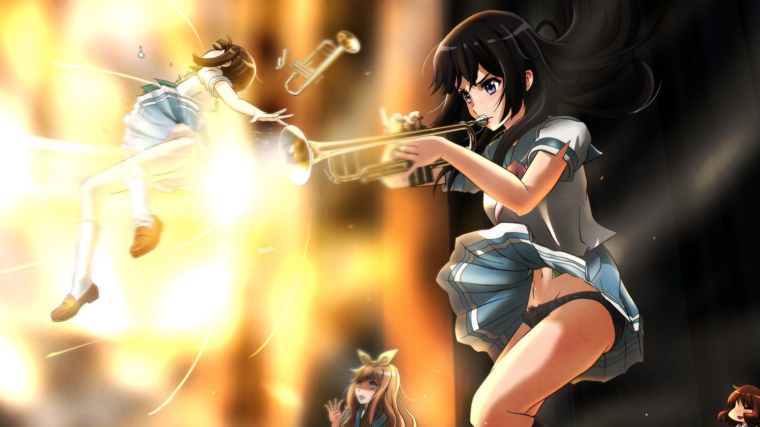 black_hair, chibi, genya67, hibike!_euphonium, instrument, kneehighs, kousaka_reina, long_hair, nakaseko_kaori, navel, oumae_kumiko, panties, purple_eyes, school_uniform, skirt, skirt_lift, underwear, yoshikawa_yuuko