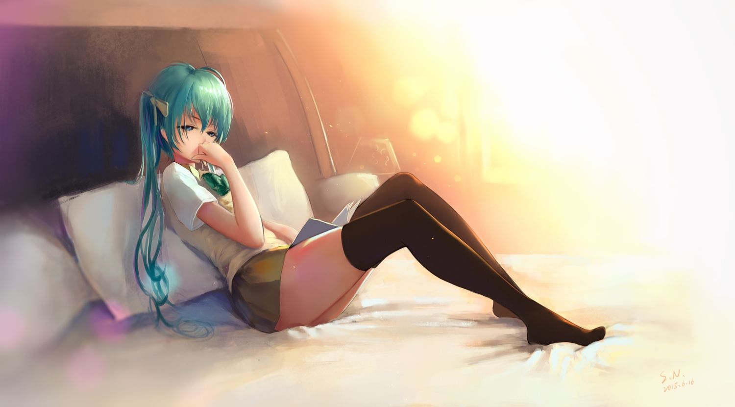 aqua_eyes, aqua_hair, bed, book, hatsune_miku, long_hair, skirt, sombernight, thighhighs, twintails, vocaloid
