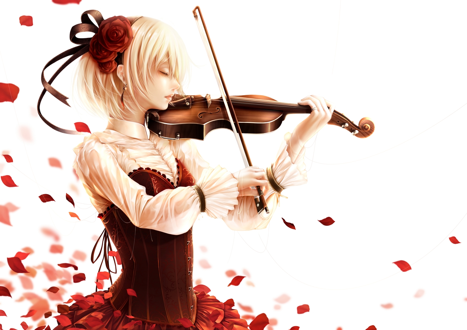 blonde_hair, bouno_satoshi, corset, flowers, headband, instrument, original, petals