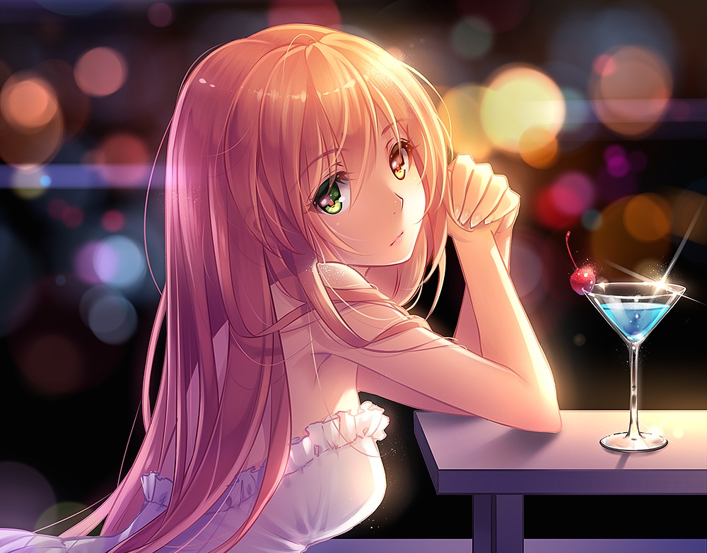 bicolored_eyes, cherry, cropped, drink, food, fruit, long_hair, niya, orange_hair, original, tidsean
