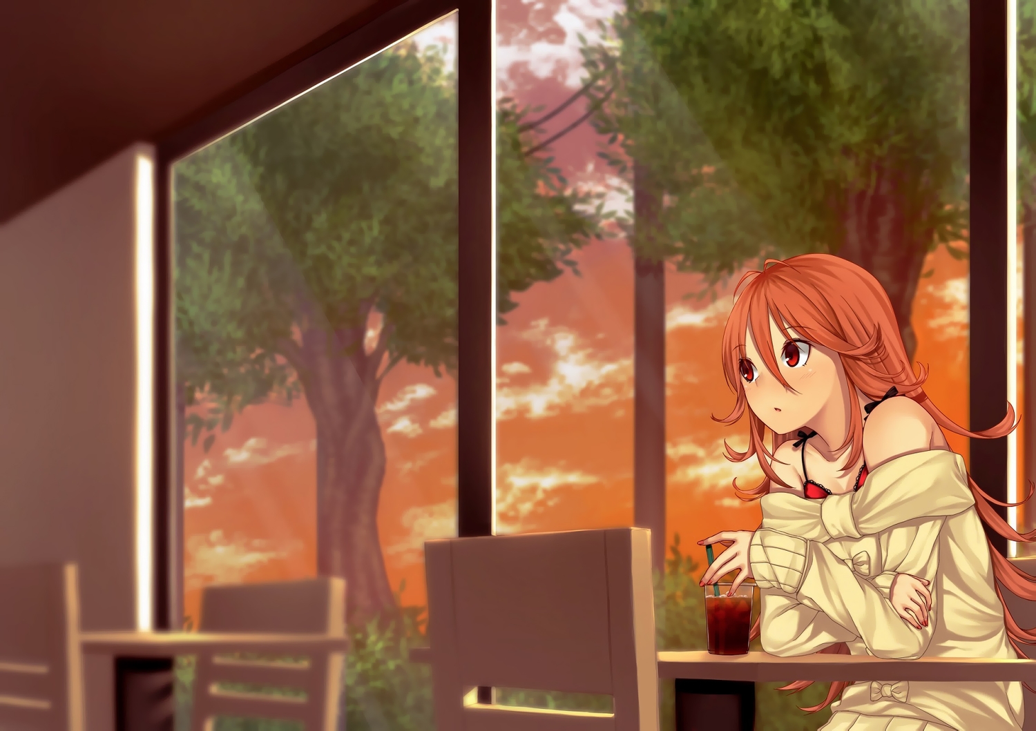 drink, long_hair, mikazuchi_zeus, orange_hair, red_eyes, scenic, sunset, tokyo_7th_sisters, tree, usuta_sumire