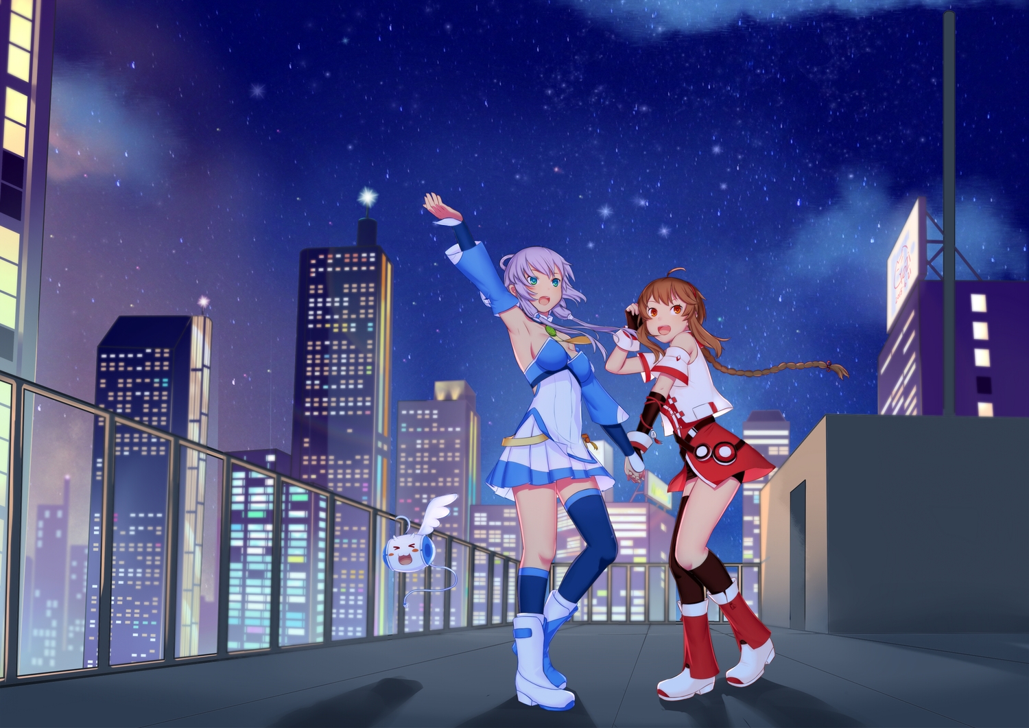 2girls, aqua_eyes, boots, braids, brown_hair, building, city, dongqing_zaozigao, gray_hair, kneehighs, long_hair, luo_tianyi, night, orange_eyes, skirt, stars, thighhighs, tian_dian, vocaloid, vsinger, yuezheng_ling