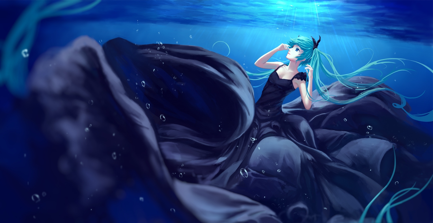 aqua_eyes, aqua_hair, blue, bubbles, deep-sea_girl_(vocaloid), dress, hatsune_miku, jpeg_artifacts
