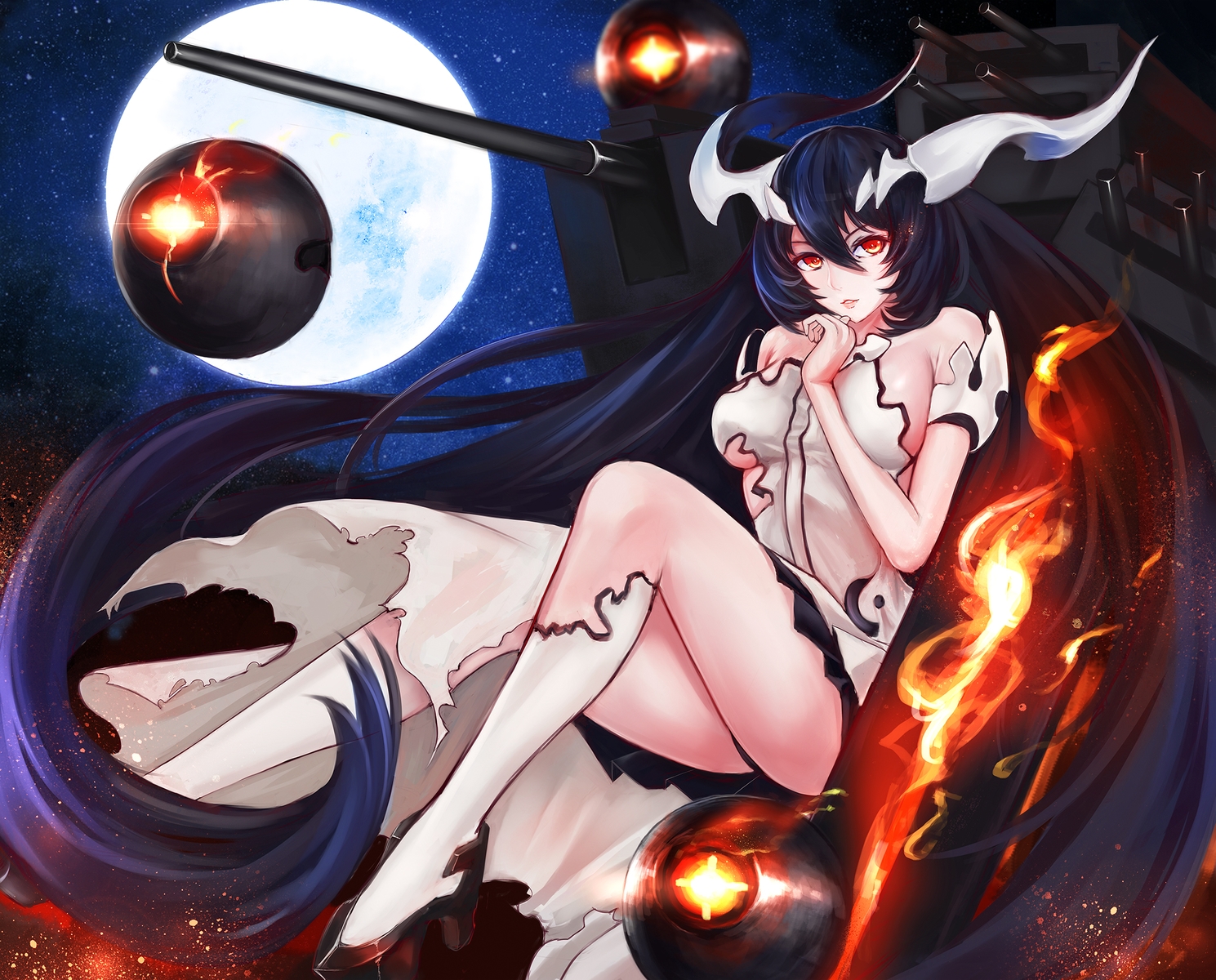 anchorage_water_demon, anthropomorphism, black_hair, breasts, fire, horns, kantai_collection, kneehighs, long_hair, moon, night, orange_eyes, sideboob, torn_clothes, underboob, weapon, ytoy
