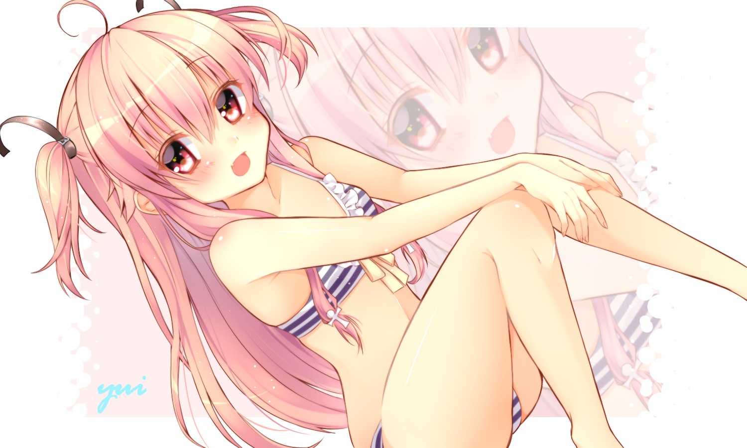 angel_beats!, bikini, blush, chihiro_(khorosho), long_hair, pink_eyes, pink_hair, ribbons, signed, swimsuit, twintails, white, yui_(angel_beats!), zoom_layer