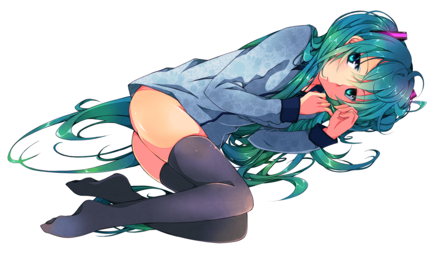 aqua_eyes, aqua_hair, hatsune_miku, long_hair, ryuuga_sazanami, thighhighs, twintails, vocaloid, white