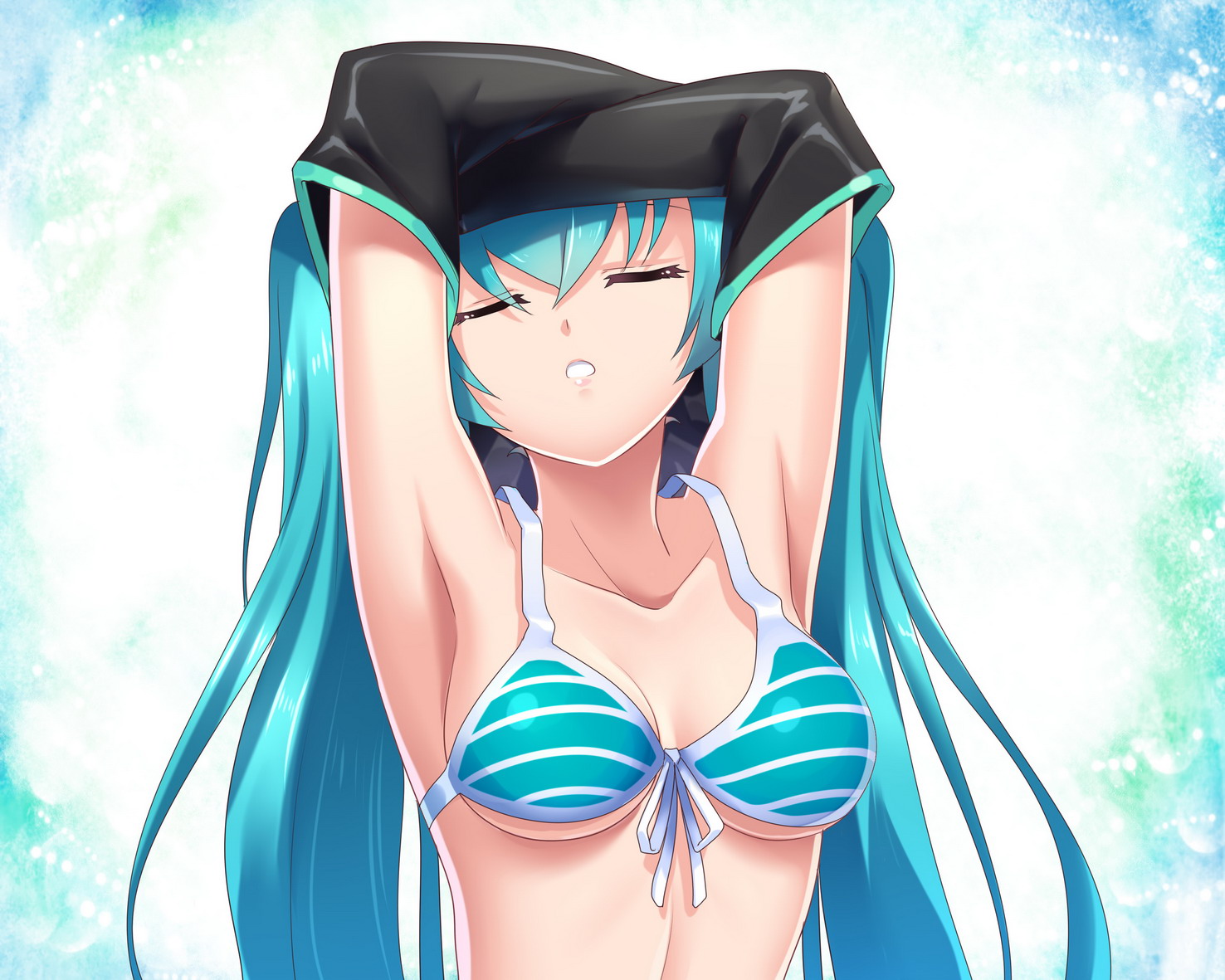 bikini_top, blue_hair, elbow_gloves, gloves, hatsune_miku, long_hair, silence, twintails, vocaloid