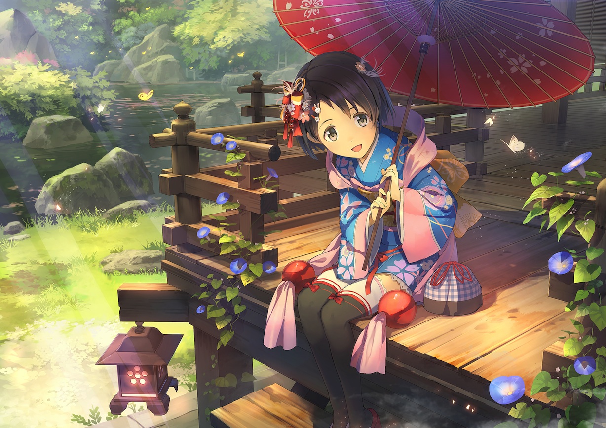 black_hair, brown_eyes, butterfly, grass, headdress, idolmaster, idolmaster_cinderella_girls, japanese_clothes, leaves, sasaki_chie, short_hair, teiryoku_lolita, thighhighs, umbrella, water, yukata