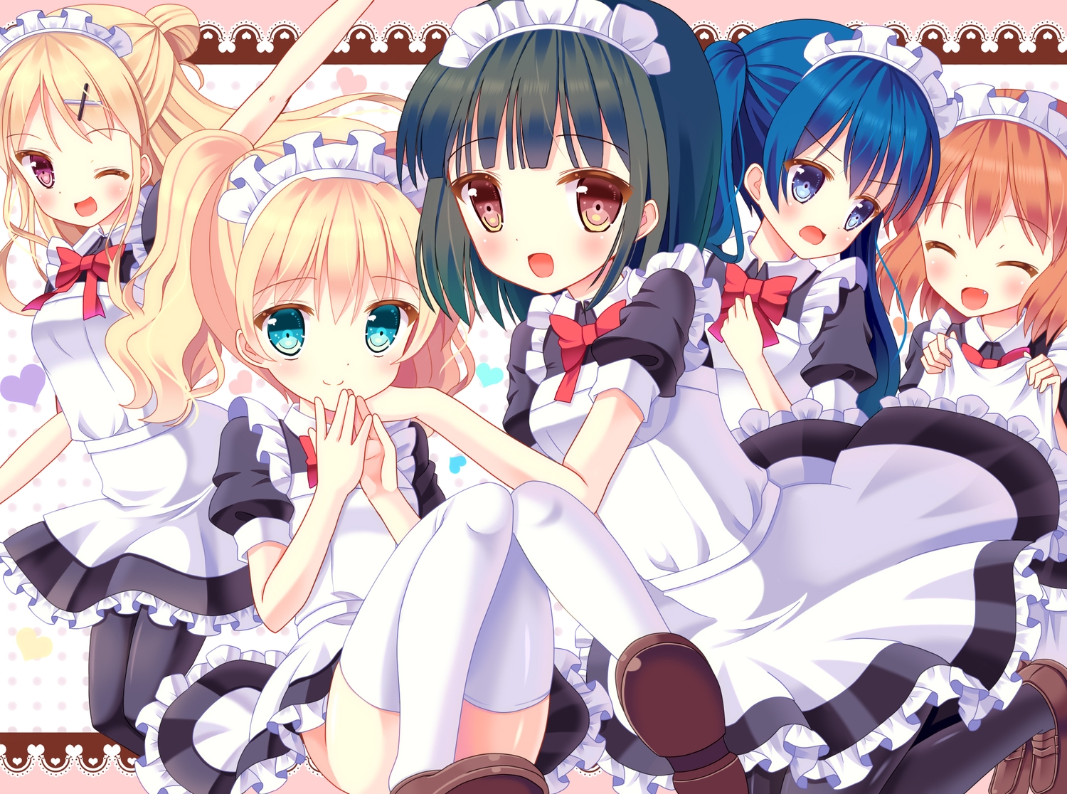 alice_cartelet, aqua_eyes, black_hair, blonde_hair, blue_eyes, blue_hair, group, hazakura_satsuki, headband, inokuma_yuko, kiniro_mosaic, komichi_aya, kujou_karen, maid, nopan, oomiya_shinobu, orange_hair, pantyhose, purple_eyes, red_eyes, thighhighs, wink