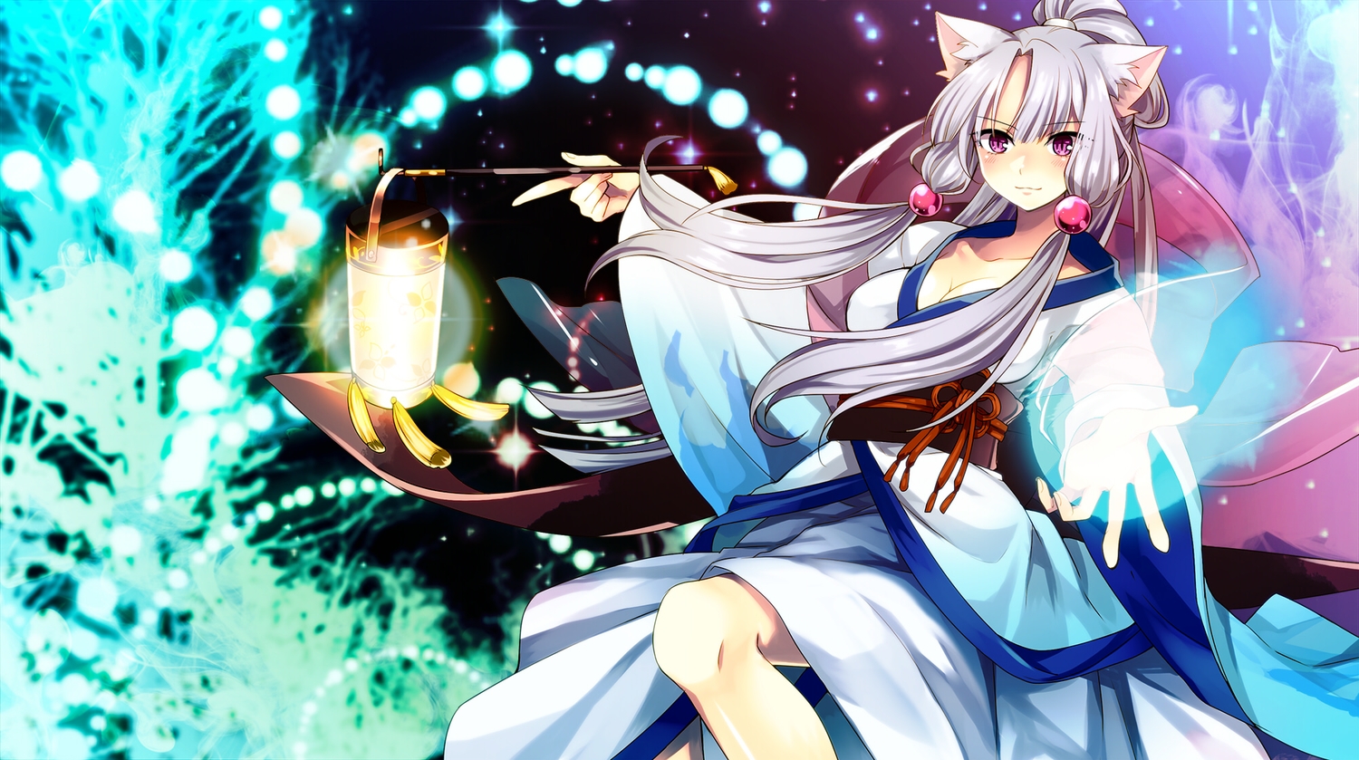 animal_ears, breasts, cleavage, gray_hair, japanese_clothes, magic, ponytail, purple_eyes