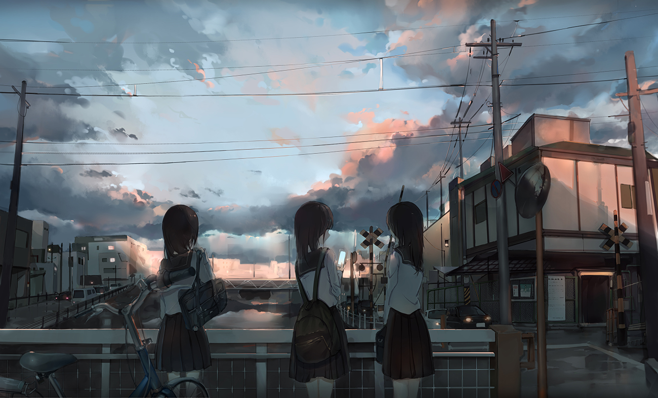 bicycle, building, car, city, clouds, original, qqwew00123, scenic, school_uniform, sunset, water