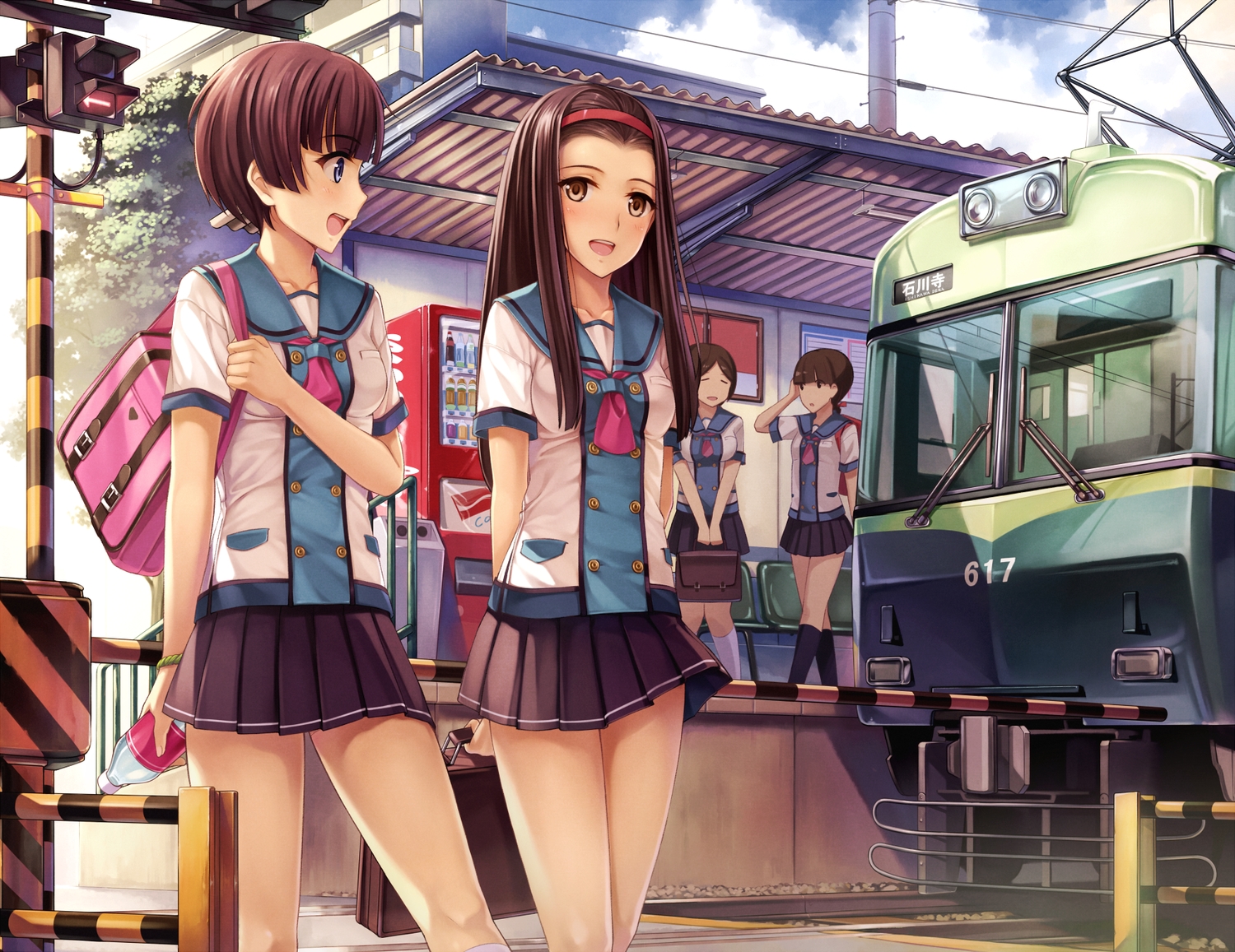 blue_eyes, brown_eyes, brown_hair, drink, group, headband, kneehighs, long_hair