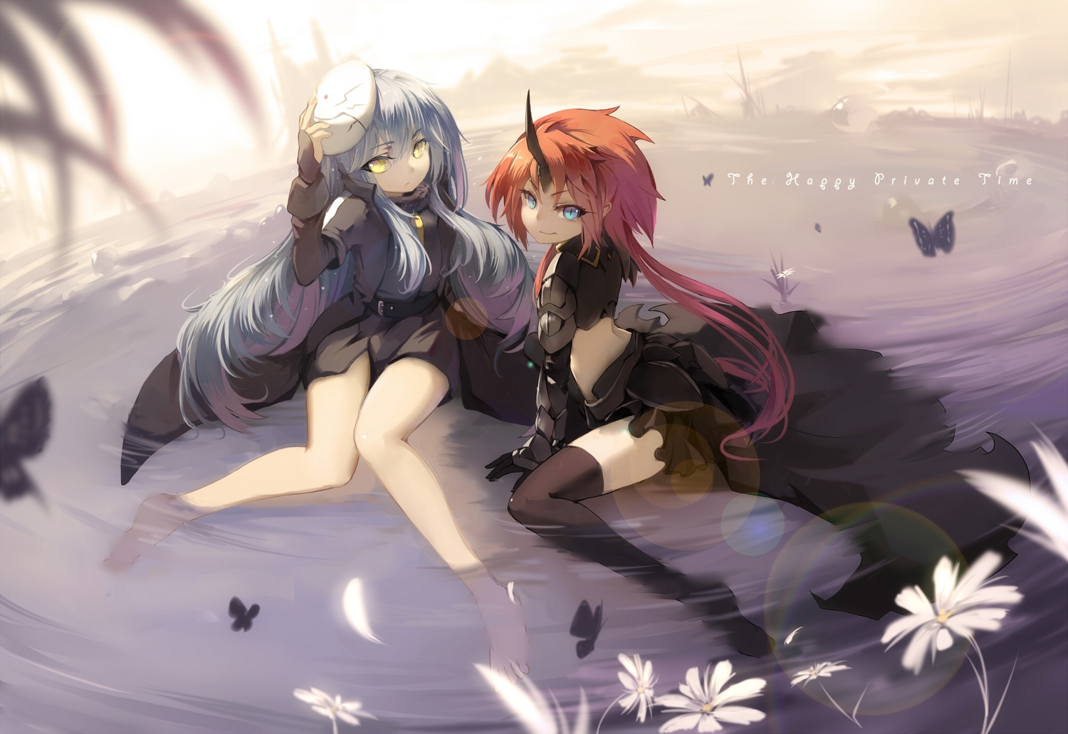 2girls, aqua_eyes, flowers, gray_hair, horns, long_hair, mask, milim_nava, orange_hair, rimuru_tempest, tensei_shitara_slime_datta_ken, thighhighs, undeedking, yellow_eyes