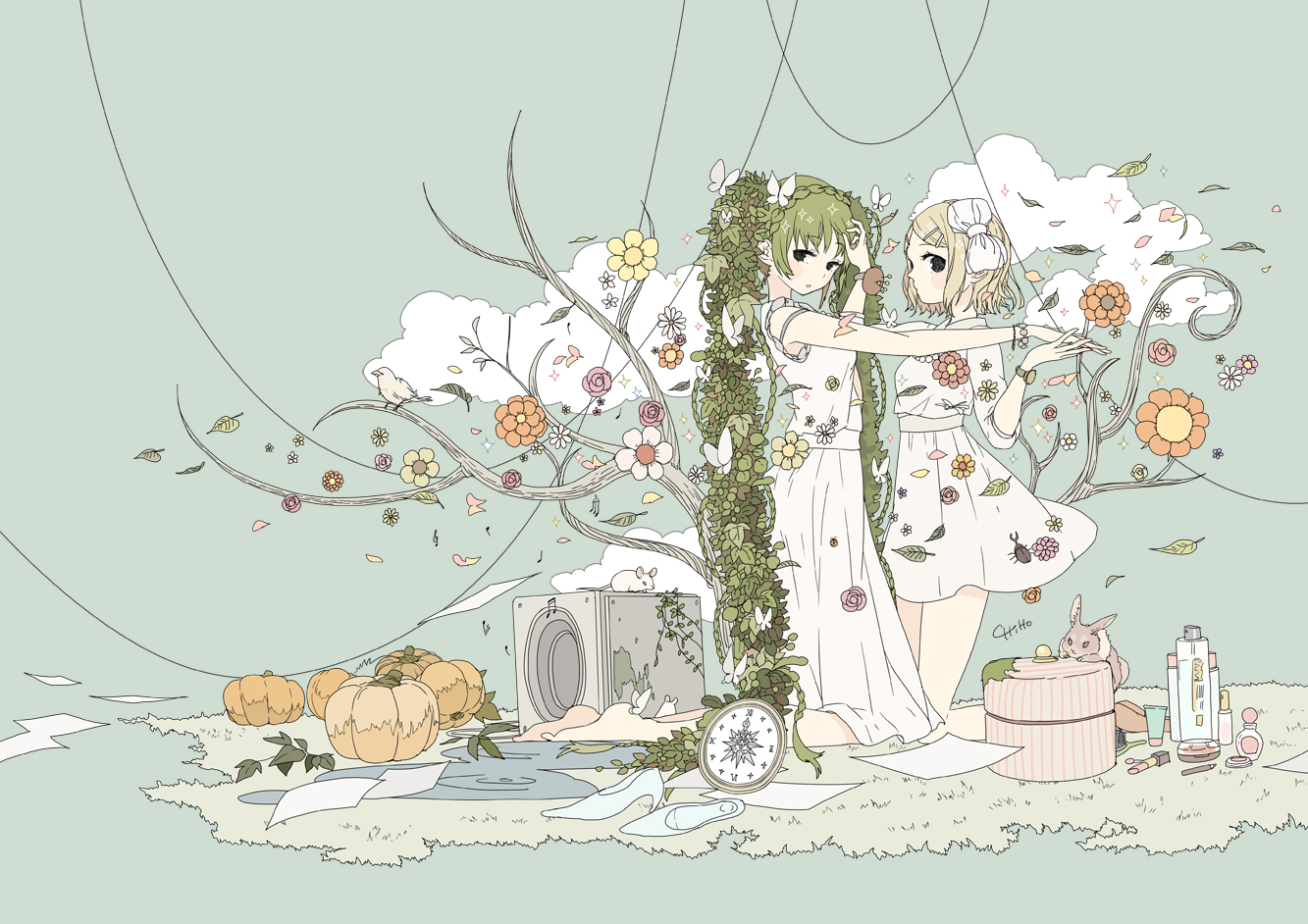 2girls, animal, blonde_hair, bow, clouds, dress, flowers, green_hair, hashimochi, hatsune_miku, kagamine_rin, leaves, long_hair, polychromatic, rabbit, short_hair, signed, twintails, vocaloid, wristwear