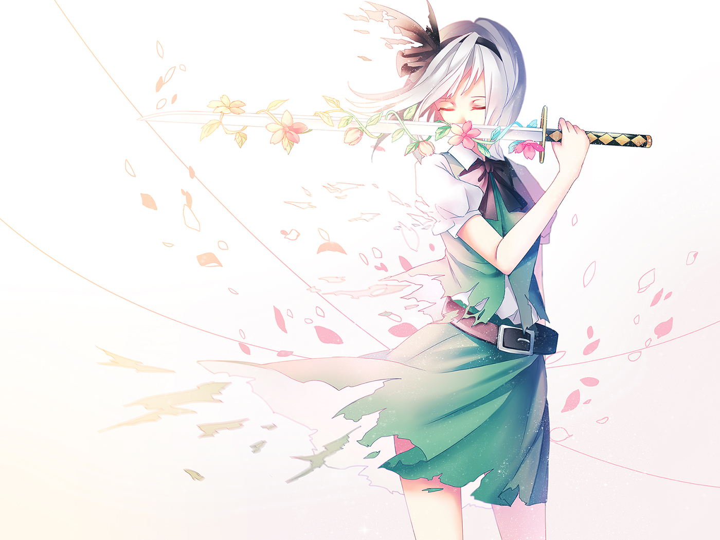 bow, dress, flowers, headband, katana, konpaku_youmu, ling_(vivianling), petals, short_hair, sword, torn_clothes, touhou, weapon, white_hair