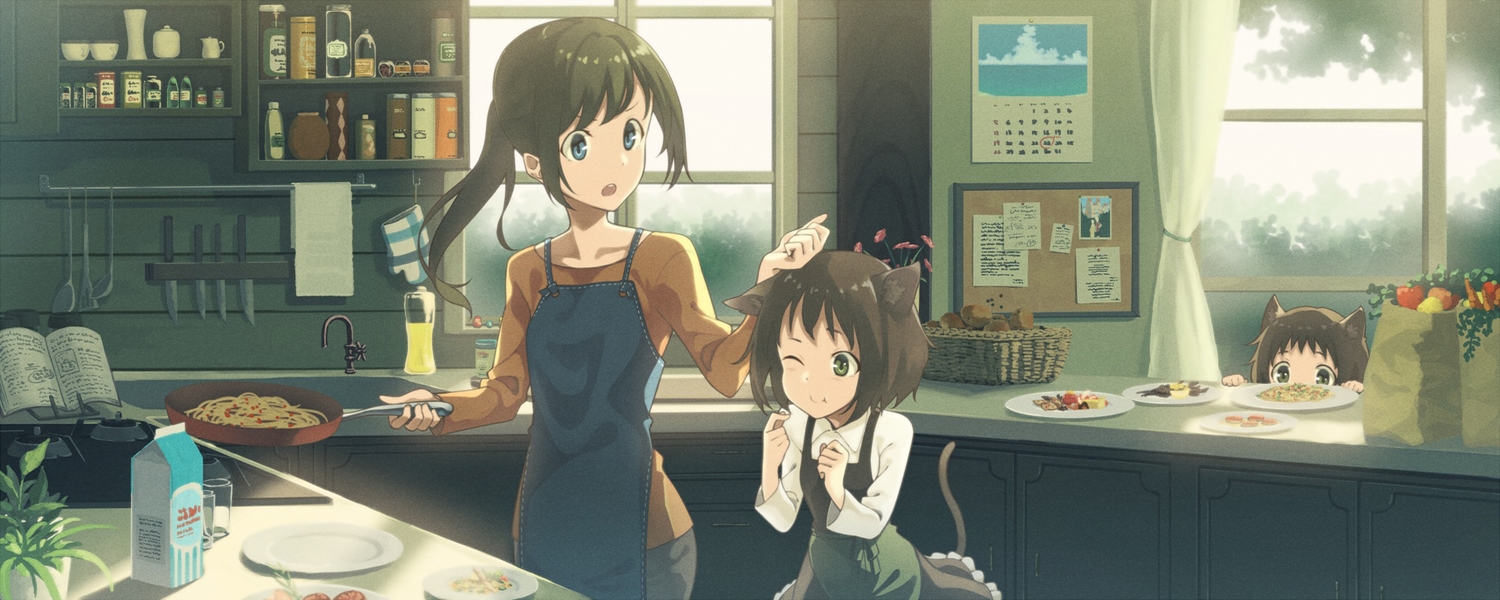 animal_ears, apron, blue_eyes, book, brown_hair, drink, flowers, food, green_eyes, long_hair, original, paper, seu_(hutotomomo), short_hair, tail