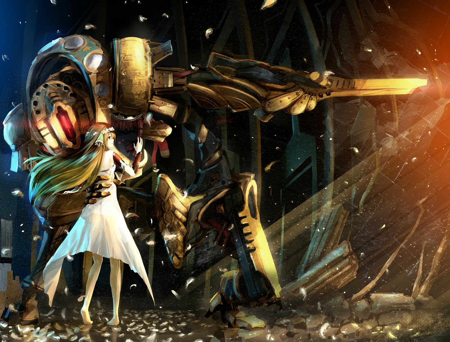 ar_nosurge_ode_to_an_unborn_star, barefoot, blonde_hair, choker, dress, earthes, feathers, gust_(company), headdress, ion_(surge_concerto), long_hair, ntny, robot, scan, summer_dress