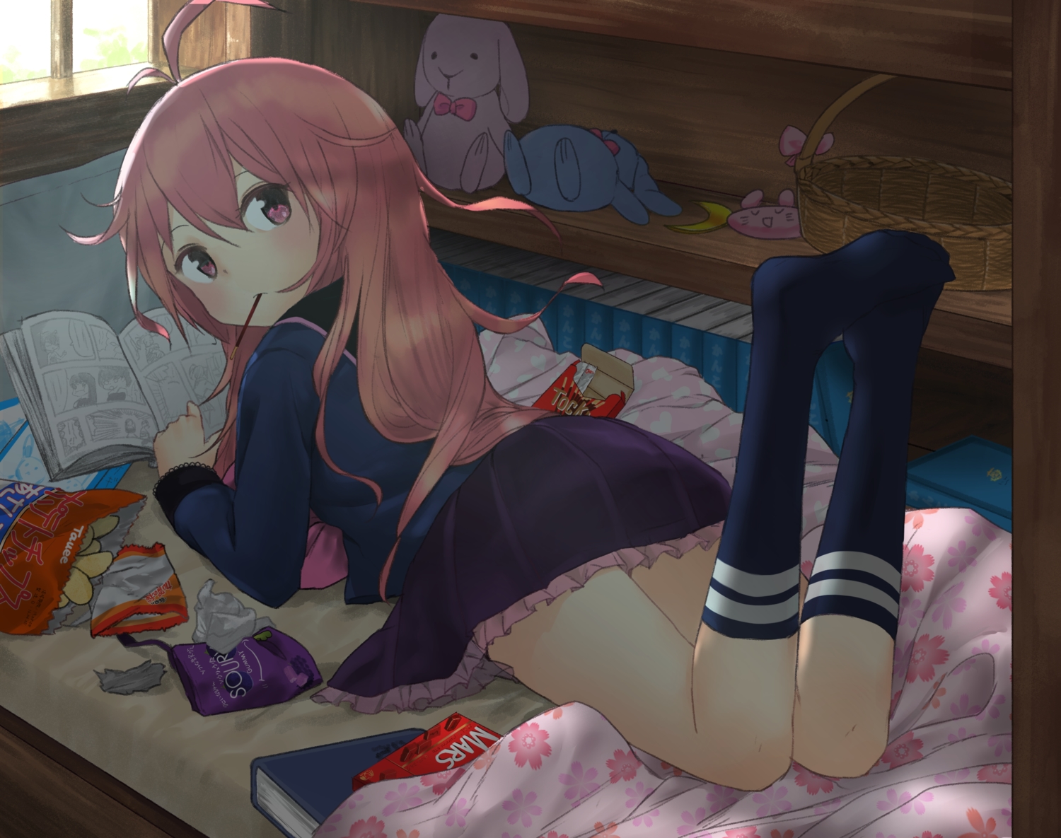 anthropomorphism, ass, bed, book, bunny, candy, chocolate, cleazul, food, kantai_collection, kneehighs, long_hair, orange_hair, pocky, purple_eyes, school_uniform, uzuki_(kancolle)