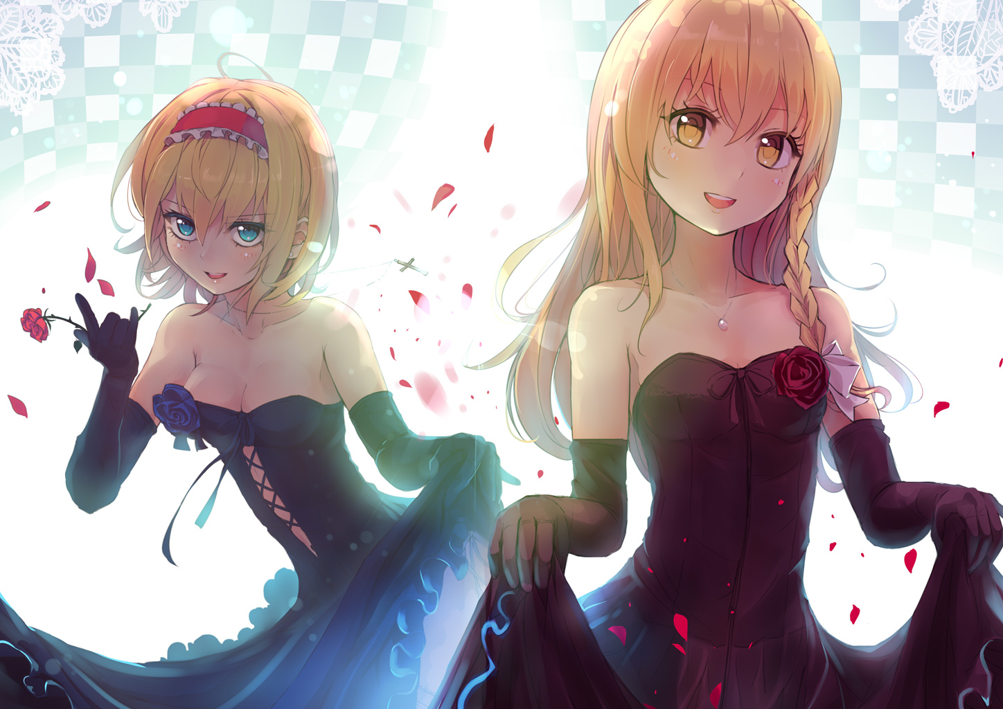 2girls, alice_margatroid, aqua_eyes, blonde_hair, braids, breasts, cleavage, culter, dress, elbow_gloves, flowers, gloves, jpeg_artifacts, kirisame_marisa, long_hair, necklace, rose, short_hair, touhou, yellow_eyes