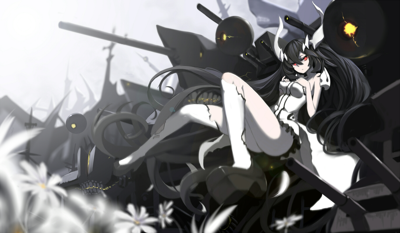 anchorage_water_demon, anthropomorphism, black_hair, flowers, horns, kantai_collection, long_hair, red_eyes