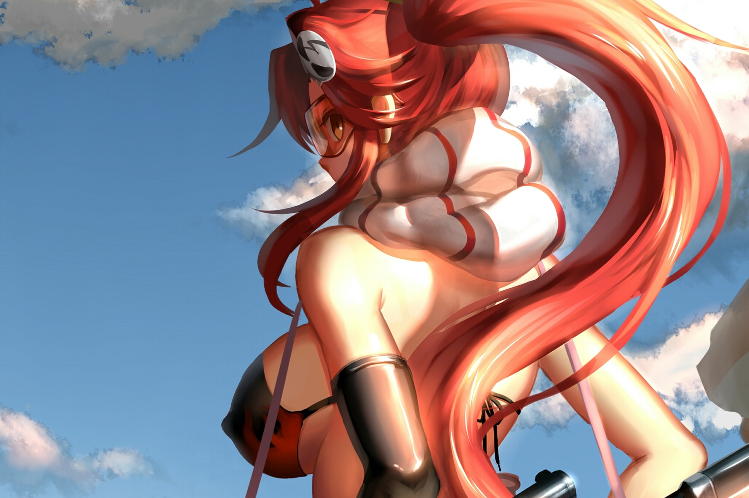 bikini_top, breasts, clouds, cropped, elbow_gloves, erect_nipples, gloves, goggles, long_hair, oottaakkuu, orange_eyes, ponytail, red_hair, scarf, sky, tengen_toppa_gurren_lagann, yoko_littner