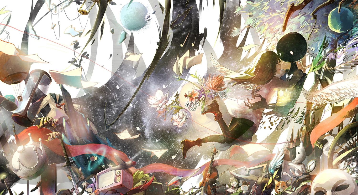 animal, deemo, fish, flowers, girl_(deemo), instrument, jpeg_artifacts, long_hair, school_uniform, sishenfan, violin, wings