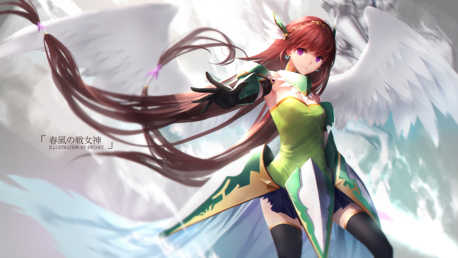armor, long_hair, pink_eyes, red_hair, swd3e2, sword, thighhighs, tyrca, venus_blood, venusblood-frontier-, weapon, wings