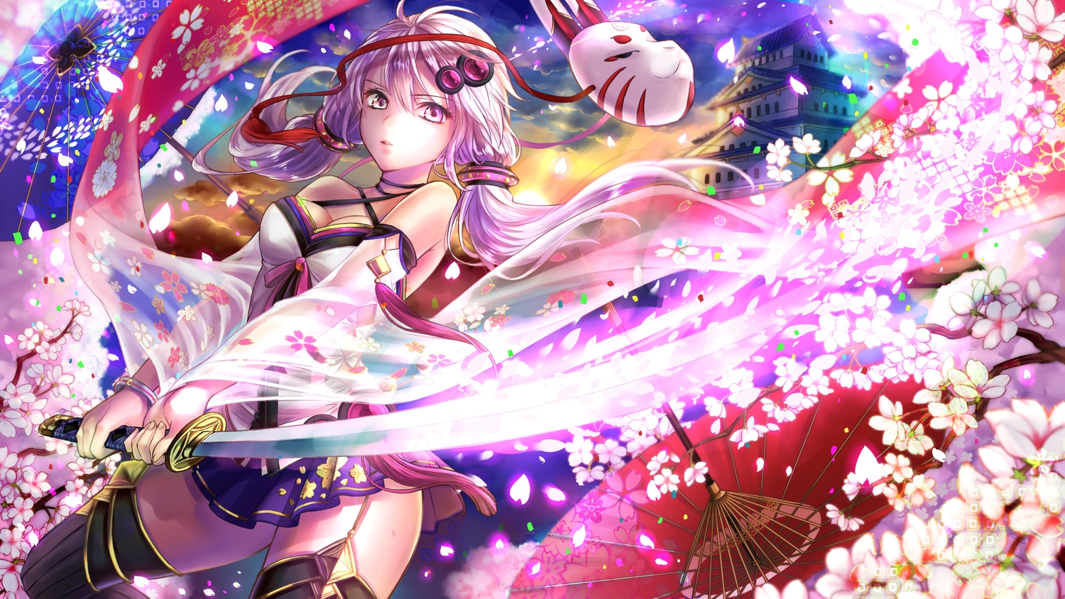 breasts, building, cherry_blossoms, cleavage, flowers, iria_(yumeirokingyo), japanese_clothes, katana, long_hair, mask, purple_hair, sword, thighhighs, twintails, umbrella, vocaloid, voiceroid, weapon, yuzuki_yukari, zettai_ryouiki