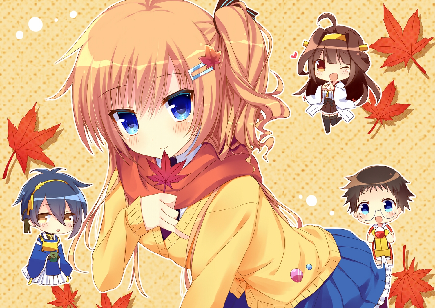 anthropomorphism, blue_eyes, blue_hair, brown_hair, chibi, glasses, japanese_clothes, kantai_collection