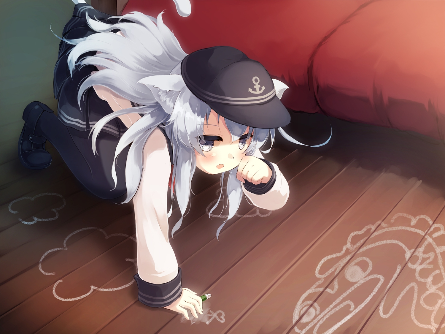 animal_ears, anthropomorphism, catgirl, gengetsu_chihiro, hat, hibiki_(kancolle), kantai_collection, long_hair