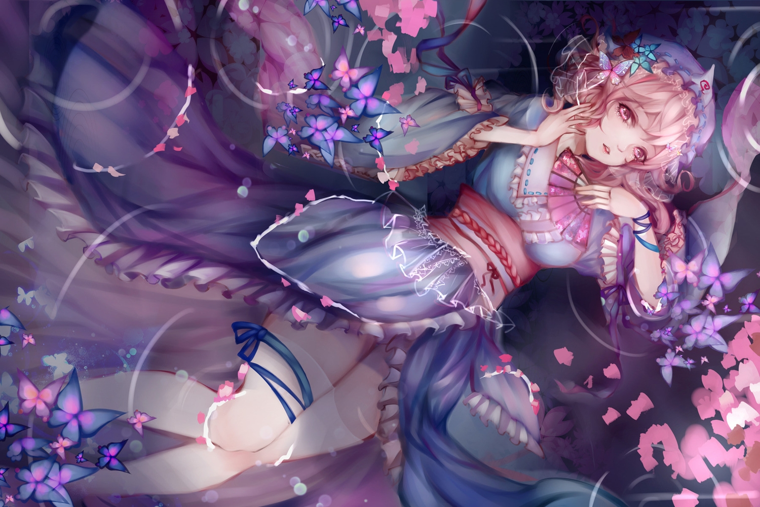 butterfly, dress, fan, hat, himeki, pink_eyes, pink_hair, ribbons, saigyouji_yuyuko, short_hair, touhou