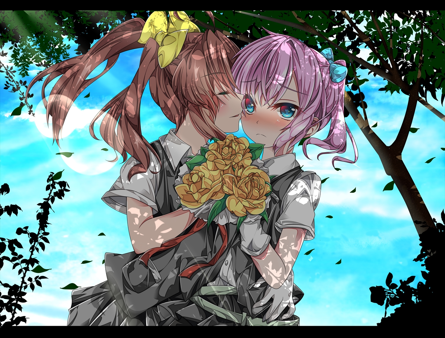 2girls, anthropomorphism, blush, brown_hair, flowers, gloves, hikobae, hug, kagerou_(kancolle), kantai_collection, leaves, pink_hair, shiranui_(kancolle), shoujo_ai
