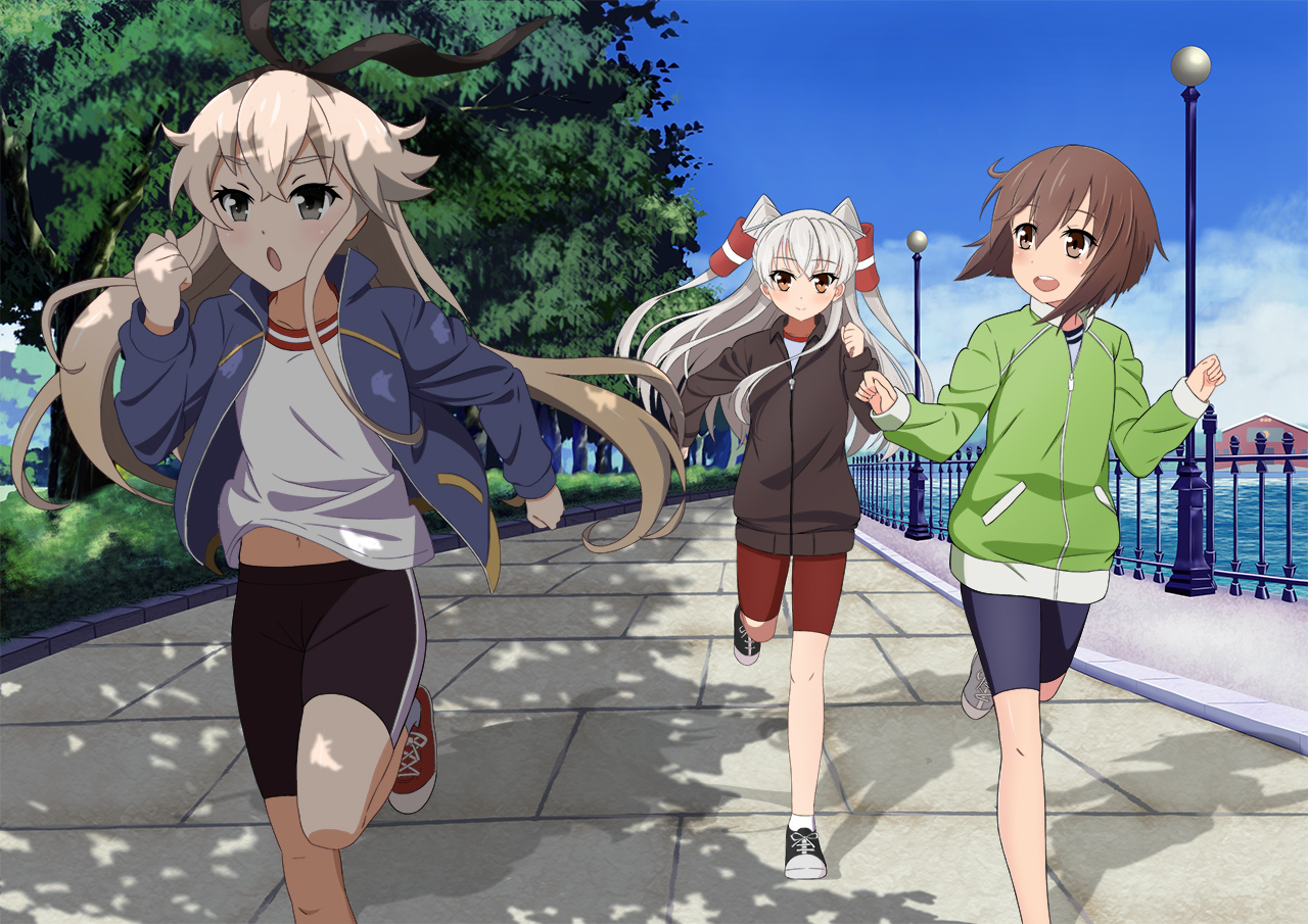 amatsukaze_(kancolle), anthropomorphism, bike_shorts, blonde_hair, brown_hair, headband, kantai_collection, long_hair, navel, park, scenic, shimakaze_(kancolle), short_hair, shorts, tree, twintails, water, white_hair, yukikaze_(kancolle), zuihou_(hechen121)