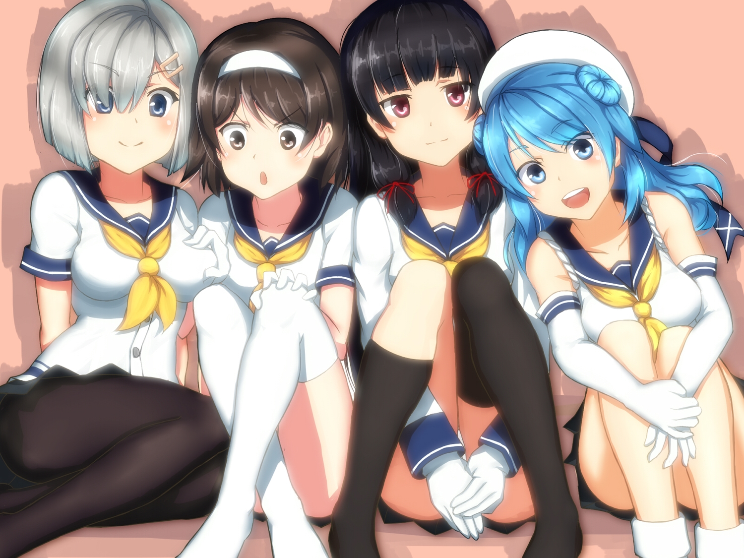 anthropomorphism, aqua_hair, black_hair, blue_eyes, breast_grab, brown_eyes, brown_hair, elbow_gloves
